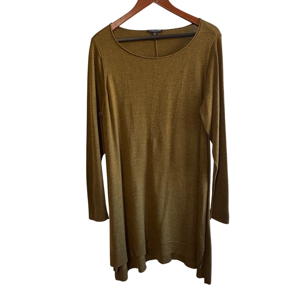 Eileen Fisher Size 1X Olive Green Merino Wool Long Sleeve Tunic Sweater Knit